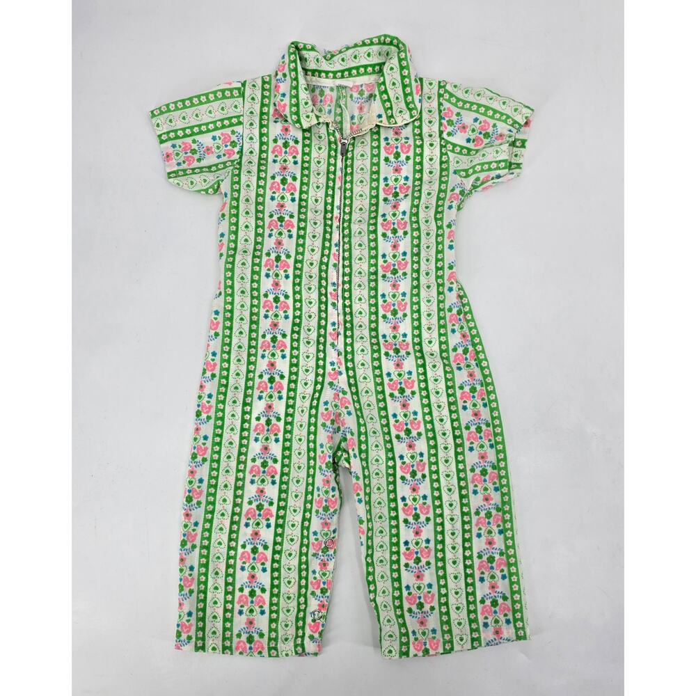 Vintage Lily-Kids Floral Romper 4T‎ Green Pink Folk Print Mod Girls Jumpsuit 70s